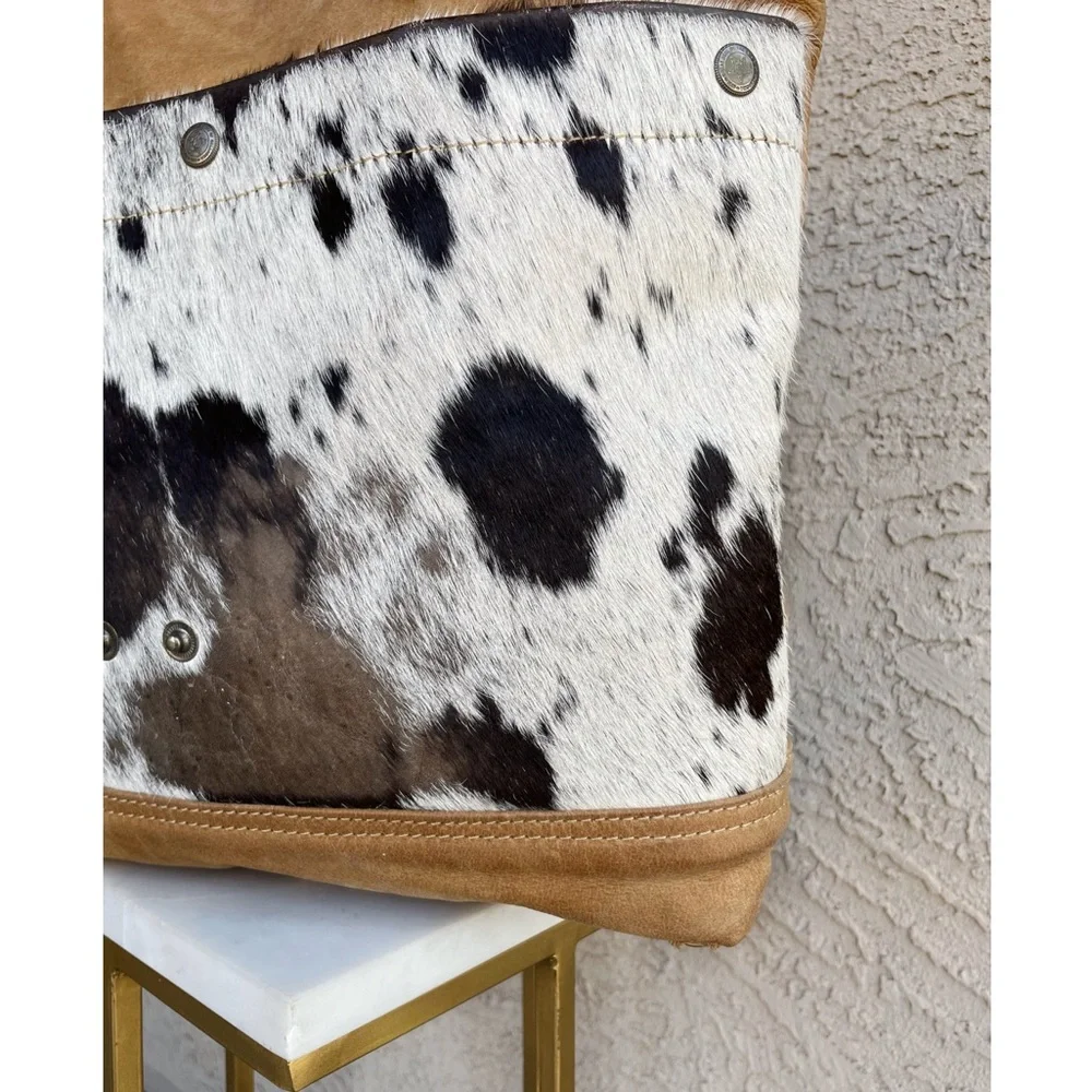 MYRA BAG Tan White Brown Cowhide Cow Print Calf Hair Genuine Leather Tote Bag